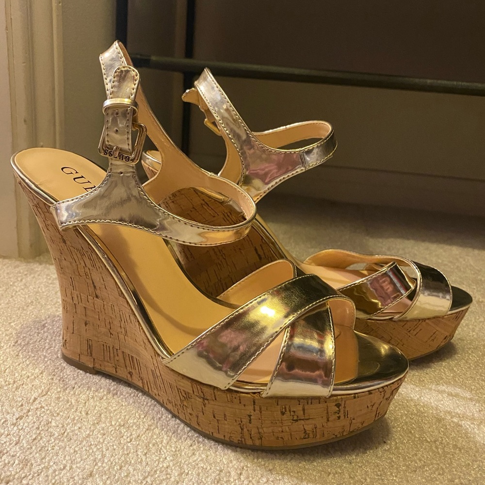 Gold Strapped Guess Wedges (Cork wedge) Women’s Size 9